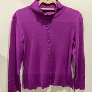 Escada Vibrant Purple 100% Wool Ruffle-Trim Long Sleeve Top